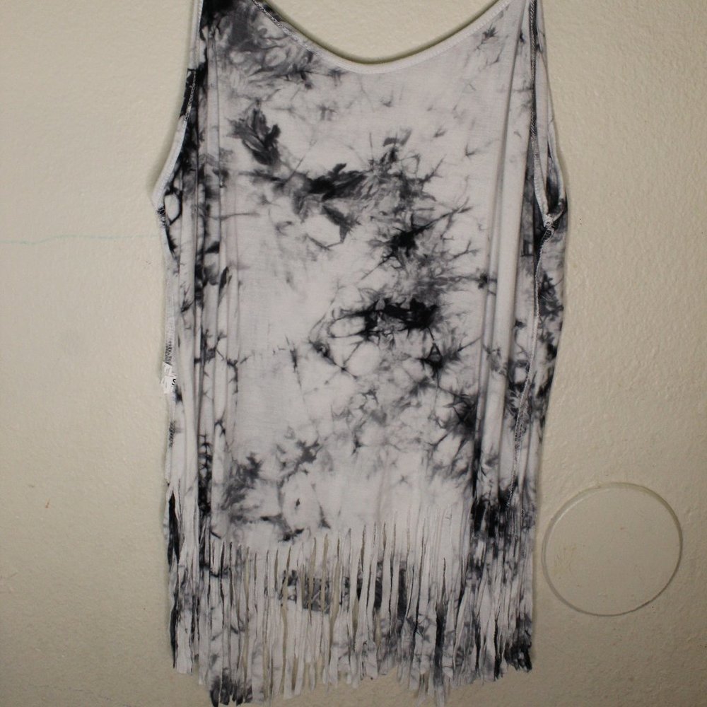 Plus Tie Dye Fringe Hem Cami Tank Black White